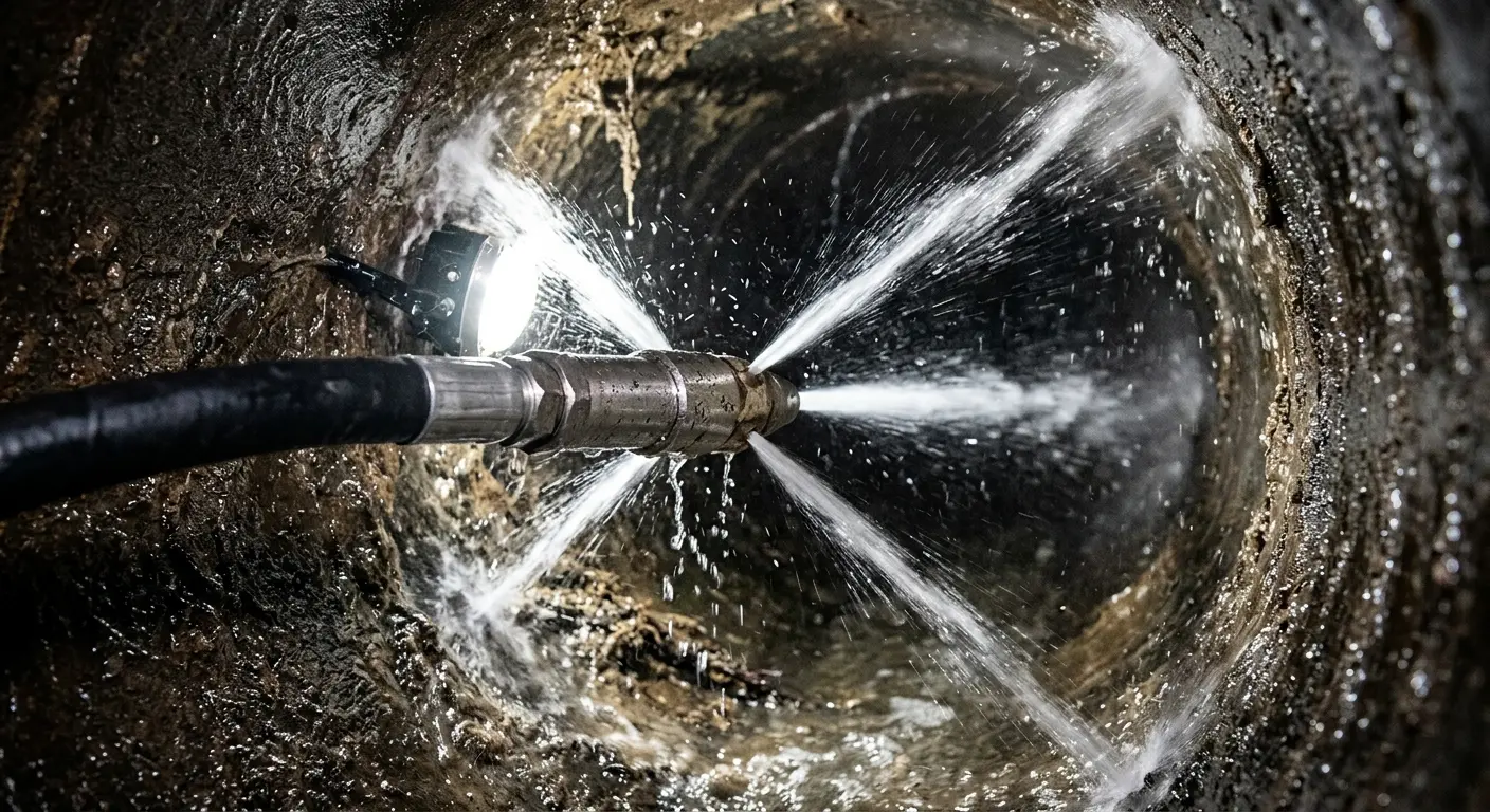 High-pressure hydro jetting nozzle cleaning sewer pipe for Storm Drain Cleaning in East Hanover
