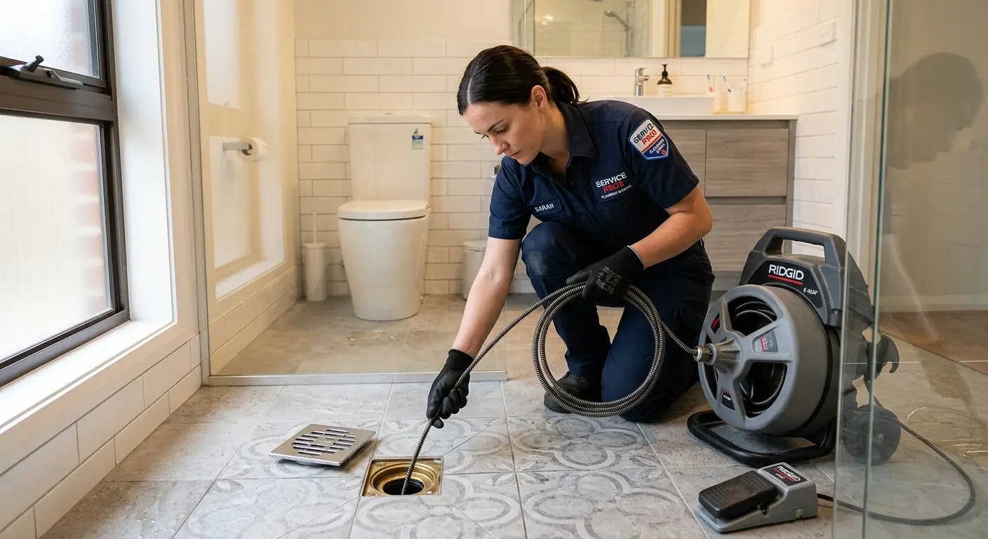 Technician clearing a bathroom floor drain for Drain Cleaning in East Hanover